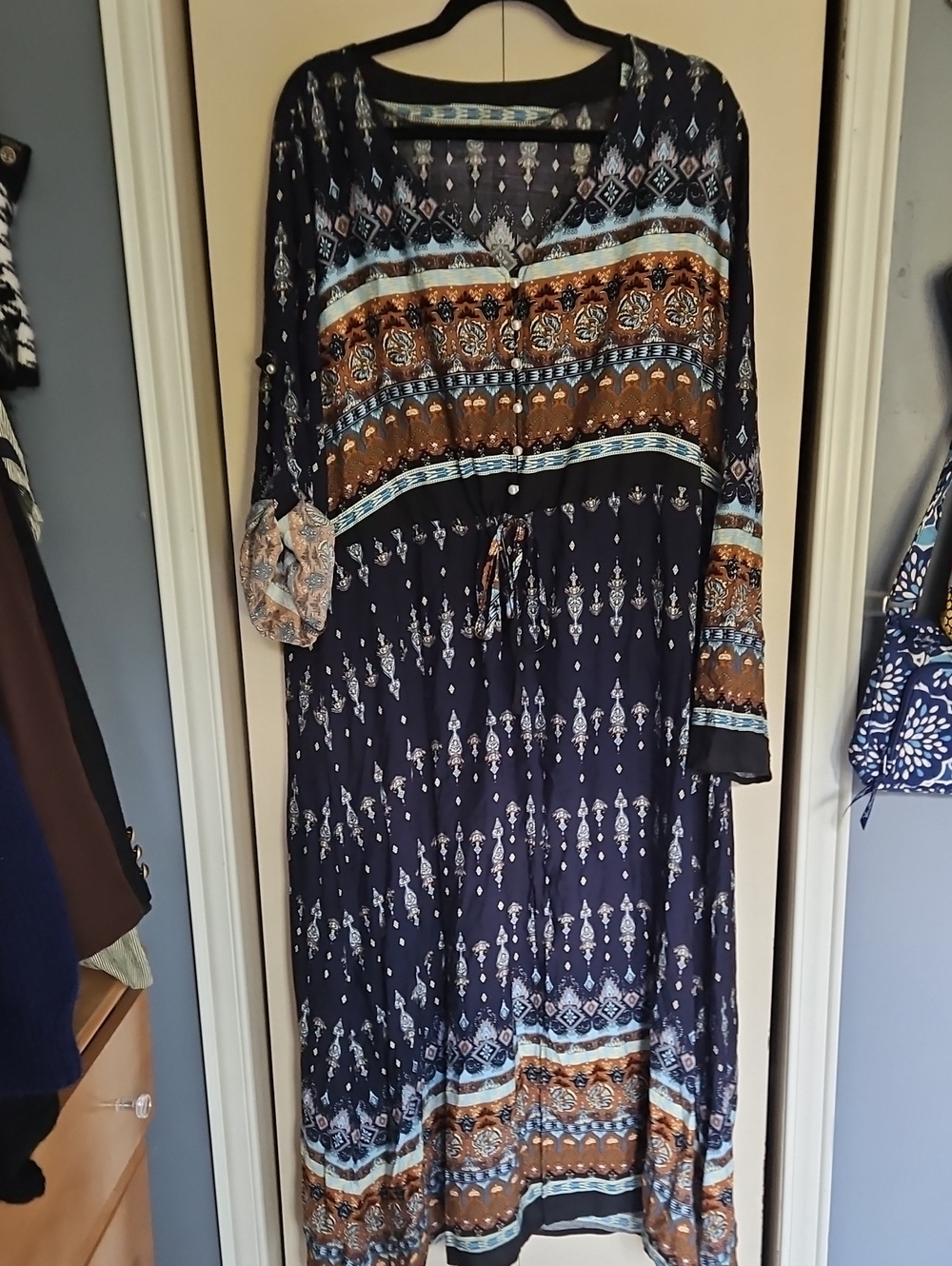 Navy Printed Bohemian Maxi Dress with Tie Waist Pearl Button 2 Way Sleeve Sz2X